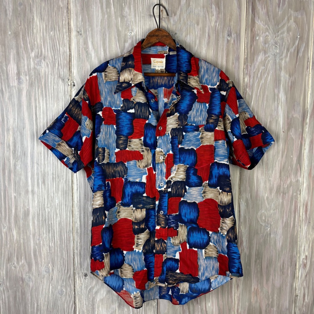Cascade Vintage 70s Abstract Color Block Print Shirt Mens 16 Large Red Blue